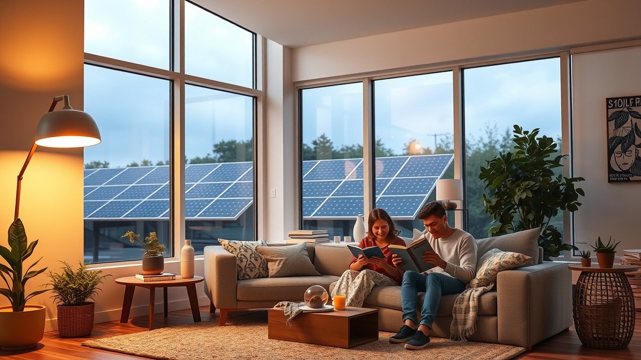 Modern living room with solar panels visible through large windows, family reading books on couch under warm lamp light, cozy evening atmosphere., No infographics and no text