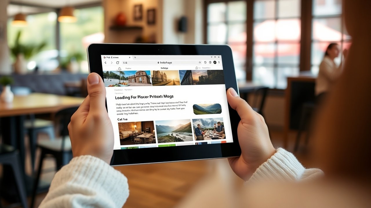 Optimized blog page on a tablet screen with high-res images loading fast, viewed by a person in a bright cafe with natural window light., No infographics and no text