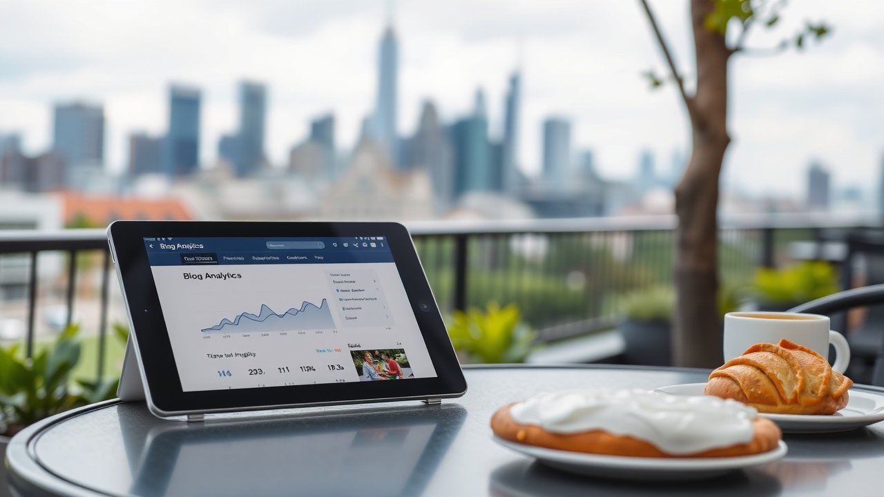 Outdoor cafe table with tablet open to blog analytics page, fresh pastries, and city skyline blurred in background., No infographics and no text