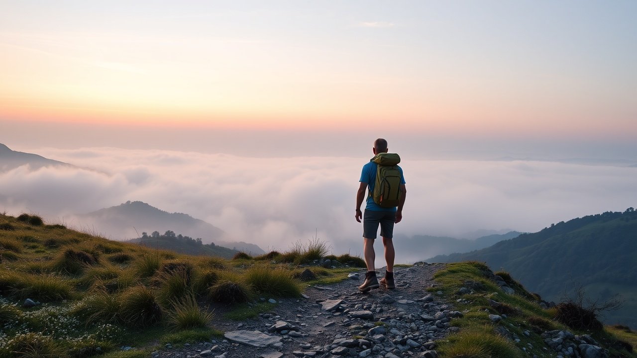 Outdoor landscape of misty mountain trail at dawn, hiker with backpack viewing vast valley, dew-kissed grass, soft pink sky, detailed rocky path leading forward., No infographics and no text