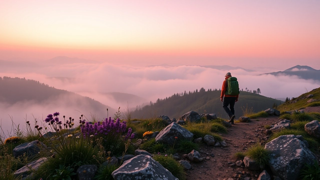 Outdoor landscape of misty mountains at dawn, hiker standing on trail with backpack, foreground wildflowers and dew-kissed rocks under diffused pink sky., No infographics and no text