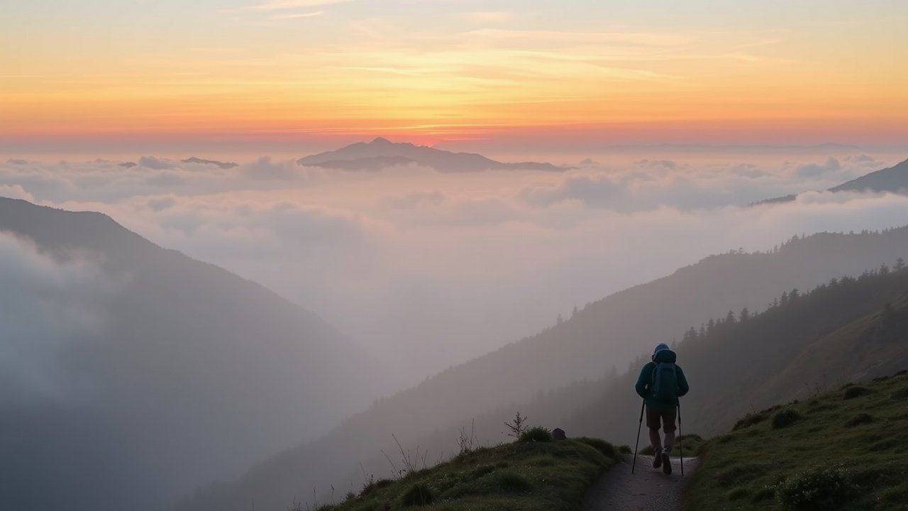 Outdoor landscape shot of misty mountains at dawn, lone hiker with backpack on trail, dramatic fog and orange sunrise hues, serene wilderness setting, No infographics and no text