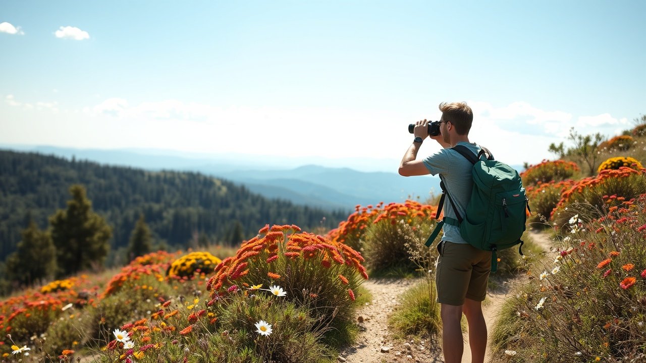 Outdoor nature trail with hiker pausing to photograph wildflowers under blue sky, backpack nearby, emphasizing authentic scenic imagery., No infographics and no text