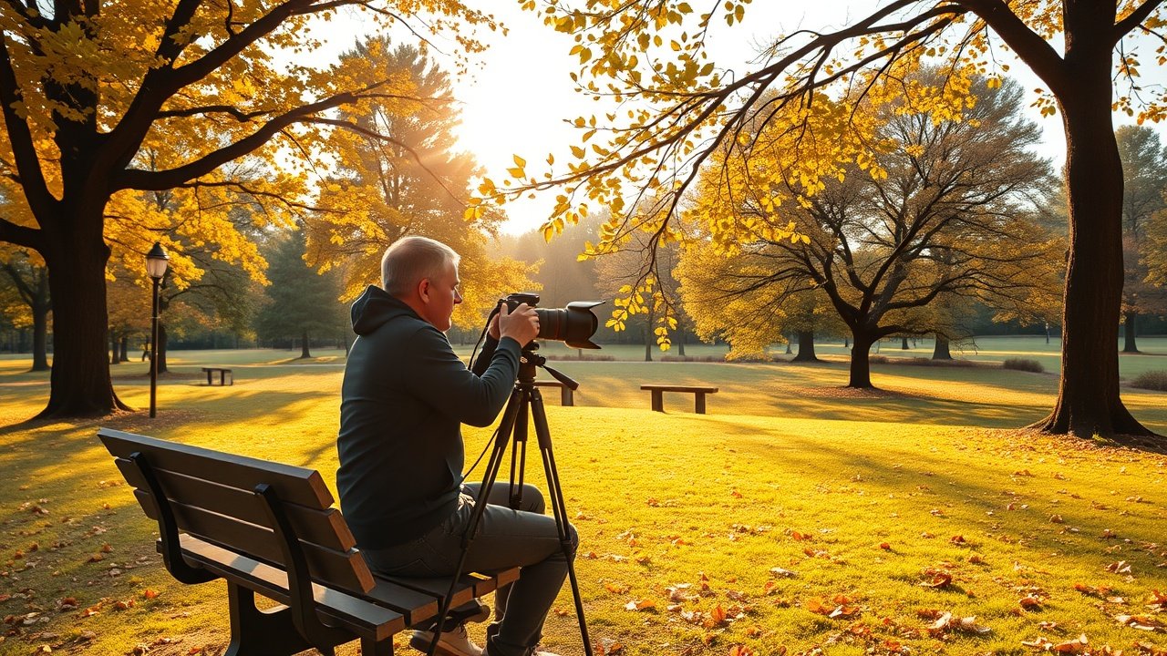 Outdoor park bench under autumn trees, photographer adjusting camera on tripod capturing scenic landscape with golden sunlight piercing leaves., No infographics and no text
