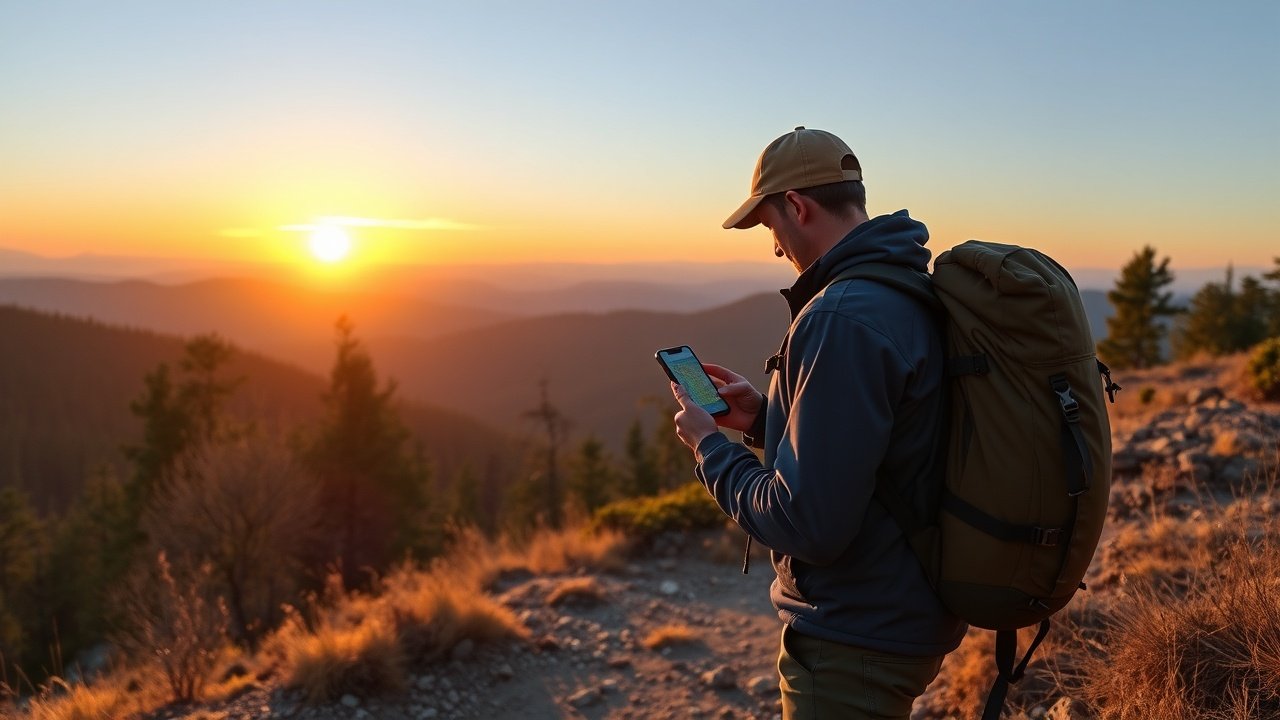 Outdoor park scene of hiker pausing on trail, backpack down, checking map app on phone against scenic mountain backdrop at dawn., No infographics and no text