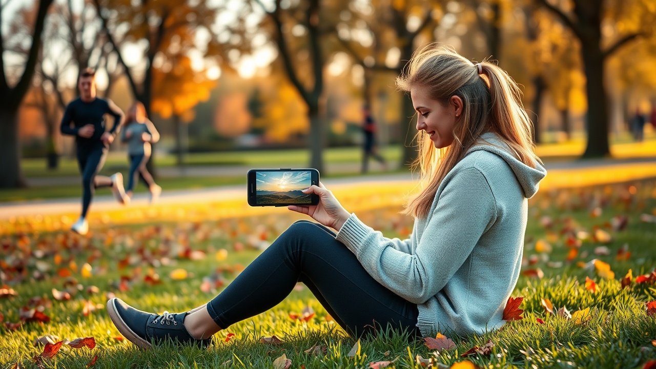 Outdoor park scene with a young woman sitting on grass, smartphone in hand viewing high-res photos of landscapes, surrounded by autumn leaves and blurred joggers in the background, golden hour glow., No infographics and no text