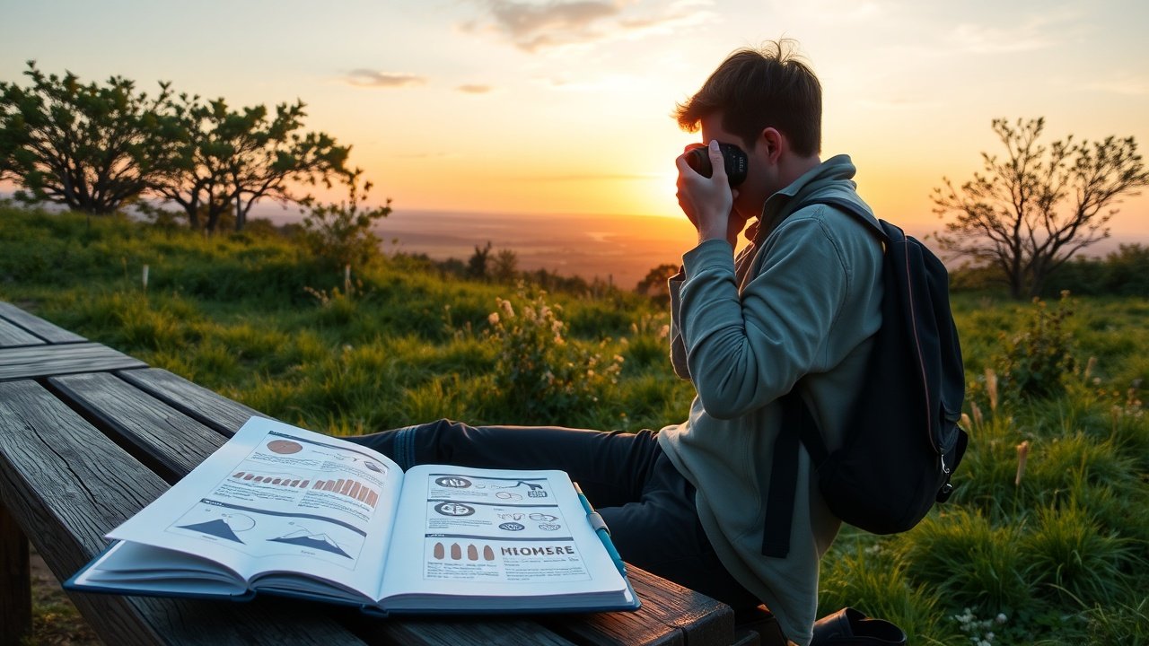 Outdoor scene of a blogger photographing a scenic landscape at golden hour, camera in hand with notebook of visual ideas nearby on a wooden bench., No infographics and no text