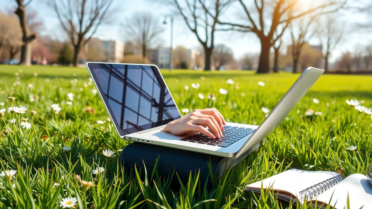 Outdoor scene of a blogger typing on a laptop in a sunny park, with fresh green grass, blooming flowers, and a notebook open beside, natural daylight., No infographics and no text