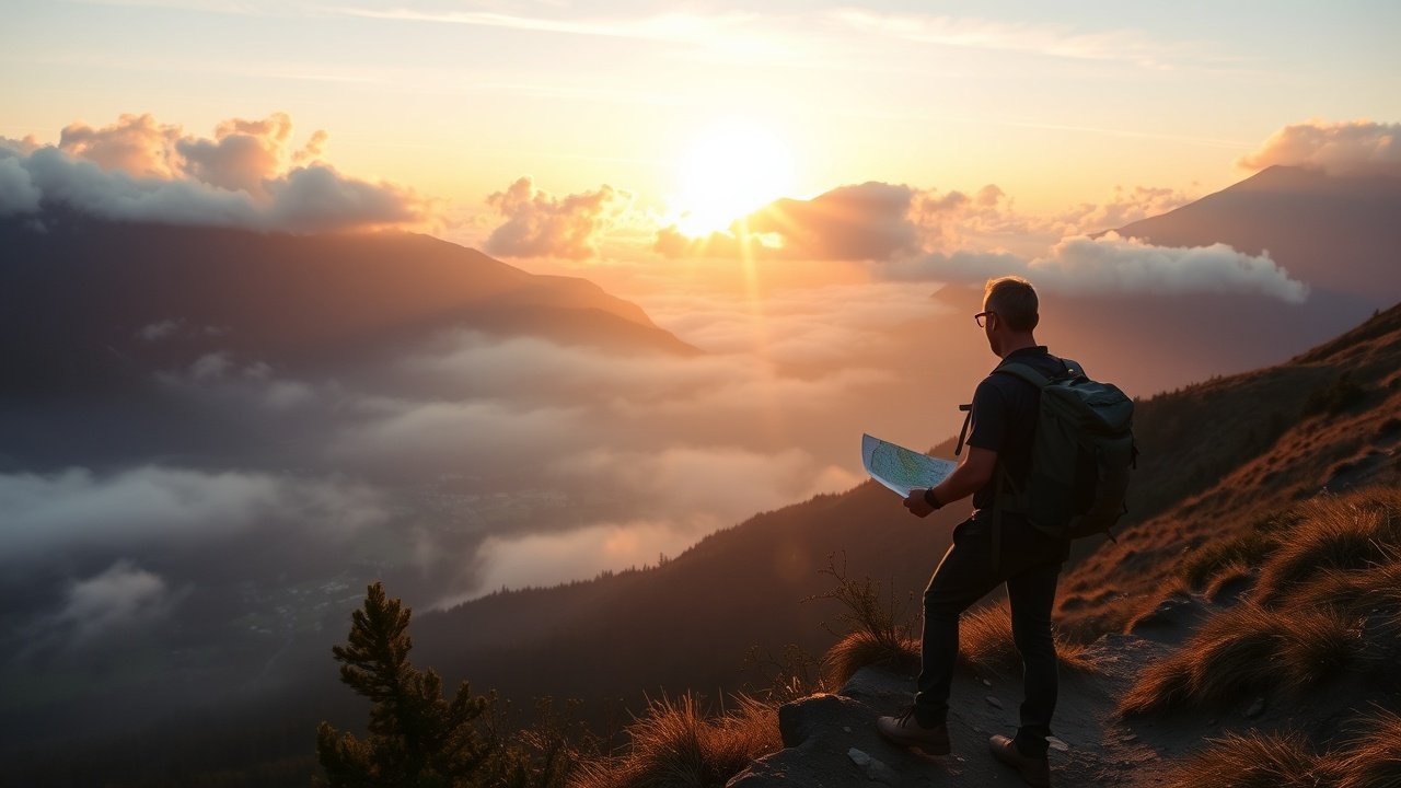 Outdoor scene of a hiker on a mountain trail at dawn, backpack and map in hand, misty valleys below, golden sunlight piercing through clouds., No infographics and no text