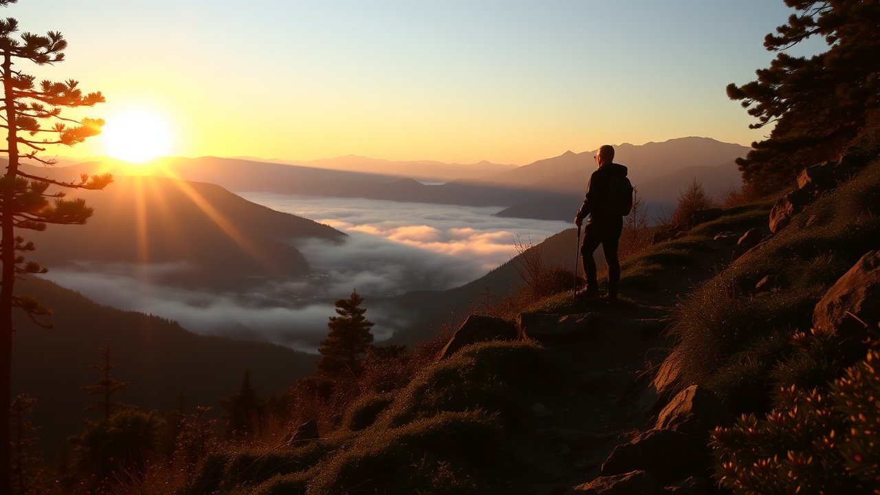 Outdoor scene of a mountain trail at dawn, hiker silhouette against rising sun, misty valley below, detailed rocks and foliage in foreground, golden hour lighting., No infographics and no text