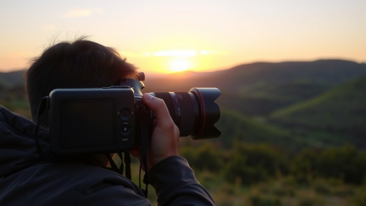 Outdoor scene of a photographer capturing scenic landscape at golden hour, camera in focus with blurred green hills background., No infographics and no text