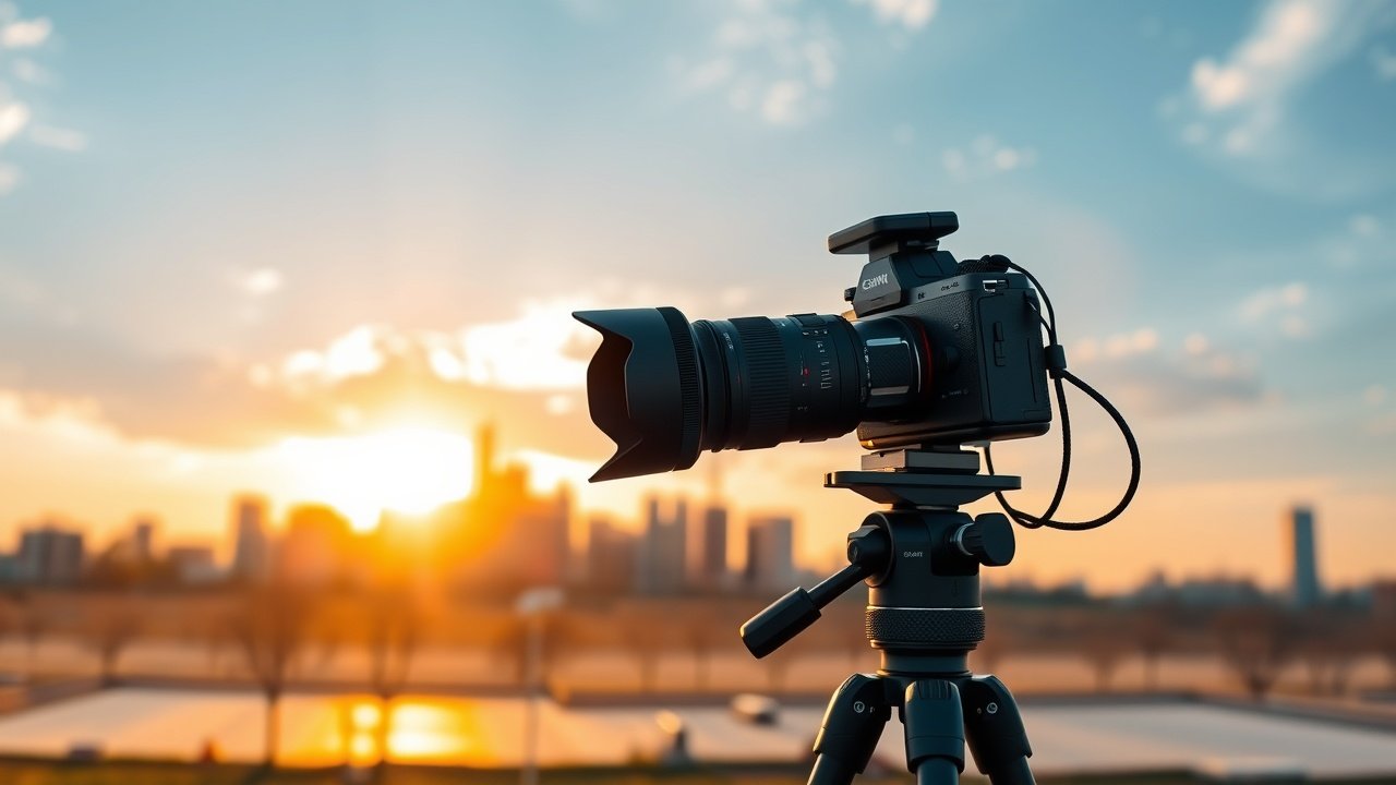 Outdoor scene of a photographer capturing urban landscape at golden hour, camera on tripod, city skyline in background, warm sunlight filtering through buildings, dynamic composition., No infographics and no text