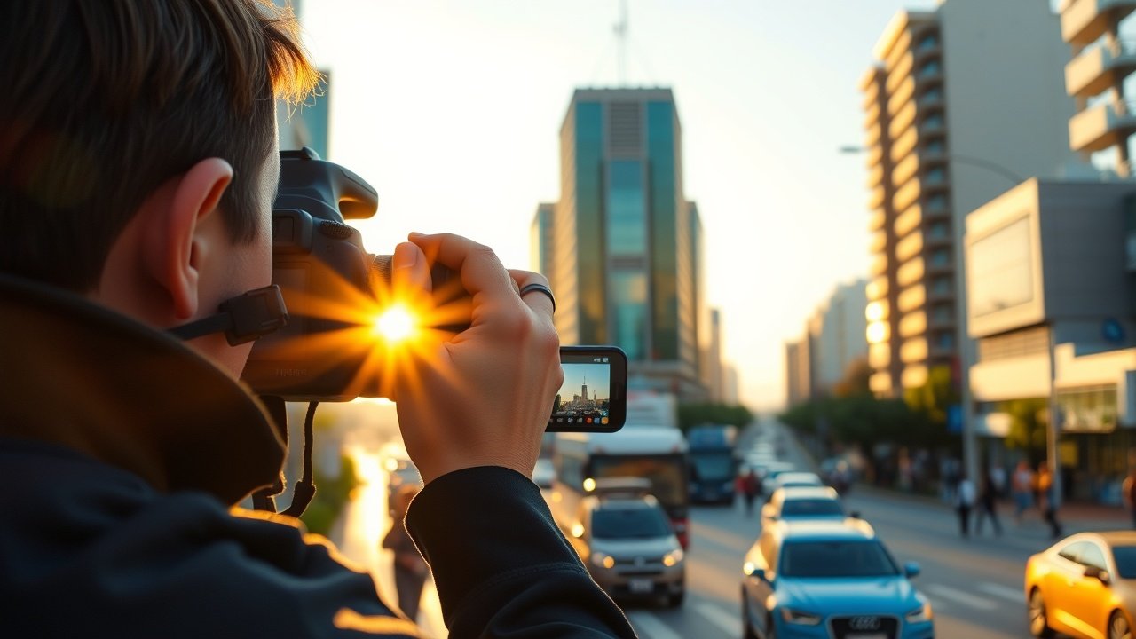 Outdoor scene of a photographer capturing a cityscape at golden hour, camera focused on a bustling street with people and vehicles in soft sunlight., No infographics and no text
