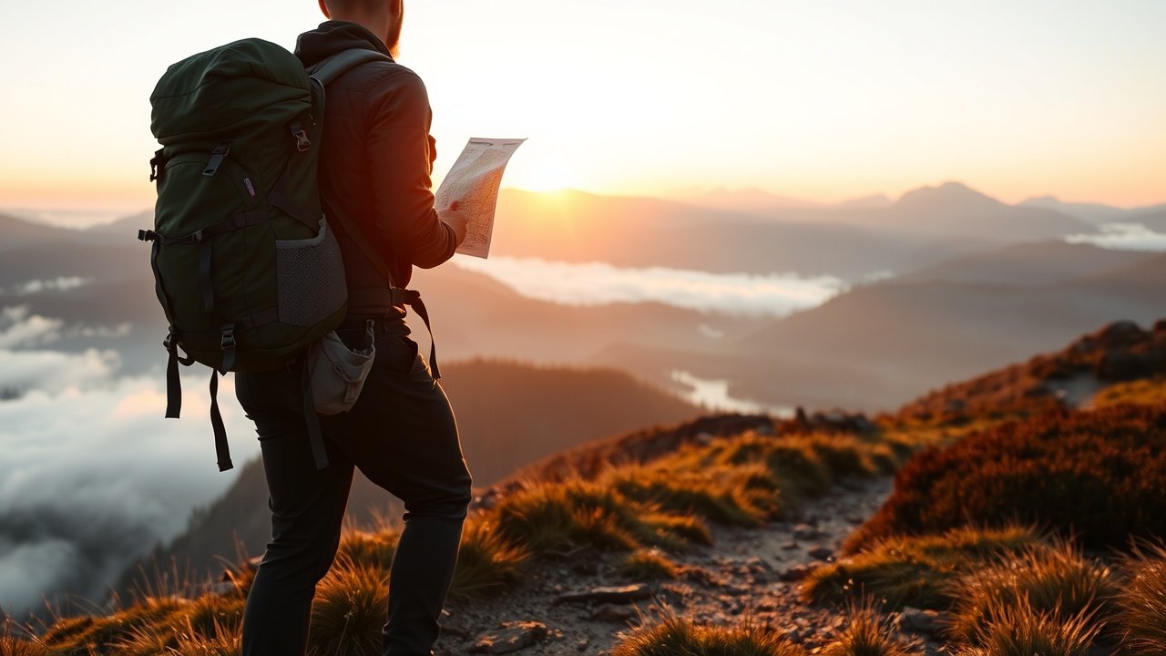 Outdoor scene of hiker on mountain trail at dawn, backpack and map in hand, misty valley below, golden sunlight breaking over peaks., No infographics and no text