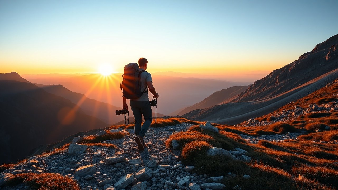 Outdoor scene of hiker on mountain trail at sunrise, backpack and camera in hand, golden light illuminating rocky path and distant peaks., No infographics and no text