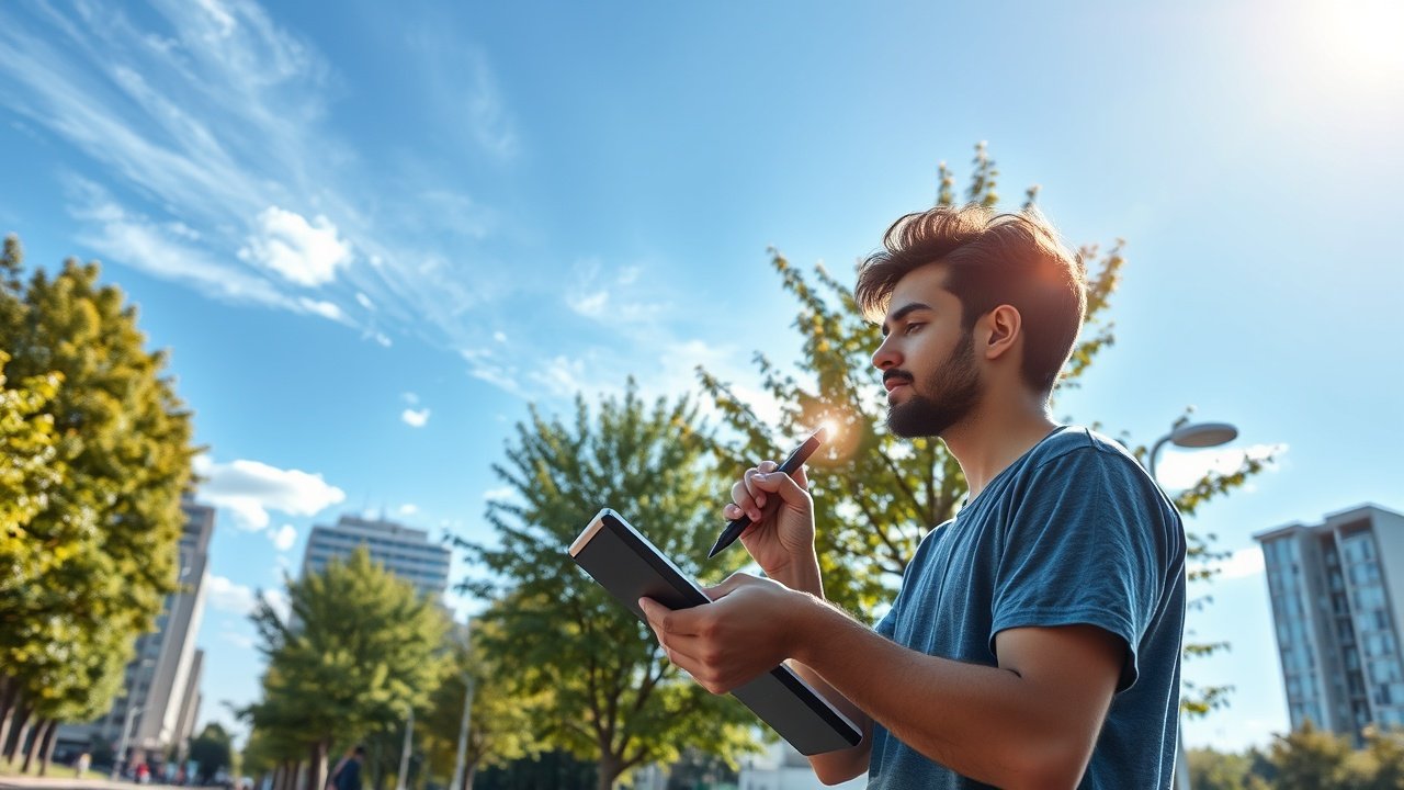 Outdoor urban scene with a person sketching on a tablet under blue sky, surrounded by city buildings and green trees, dynamic afternoon sunlight casting long shadows., No infographics and no text