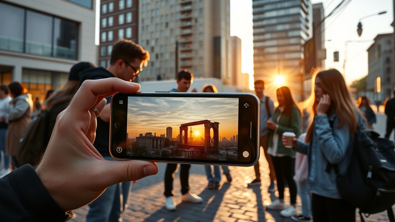 Outdoor urban scene with smartphone capturing sunset cityscape, diverse group of young creators reviewing photos on tablet, golden hour lighting casting long shadows on cobblestone street, backpacks and coffee cups scattered., No infographics and no text