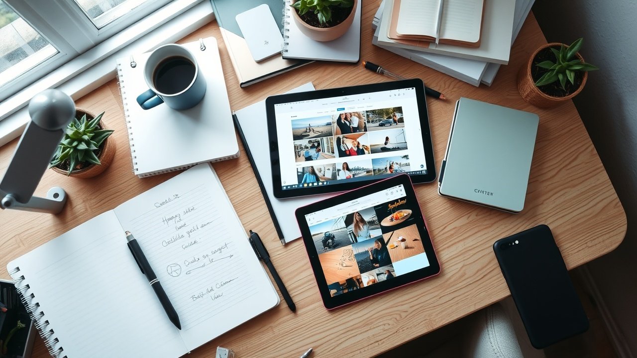 Overhead view of a content creator's desk cluttered with notebooks, coffee mug, and tablet displaying image edits, cozy home office, morning light through window, No infographics and no text