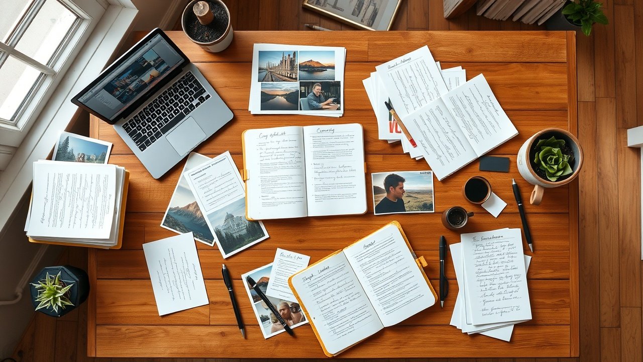 Overhead view of a wooden table in a cozy studio, scattered with printed images, notebooks filled with handwritten notes, laptop open to image editing software, soft window light., No infographics and no text