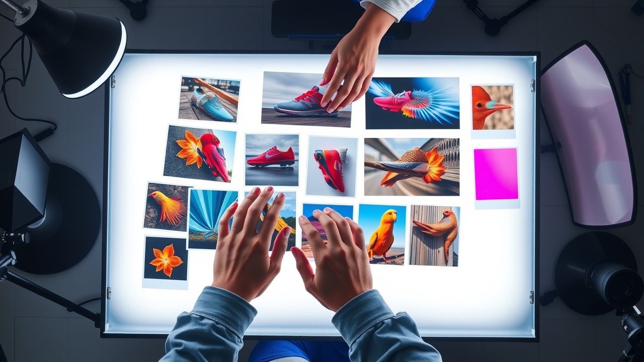 Overhead view of hands arranging vibrant product photos on a lightbox, surrounded by colored gels and reflectors in a modern workspace., No infographics and no text