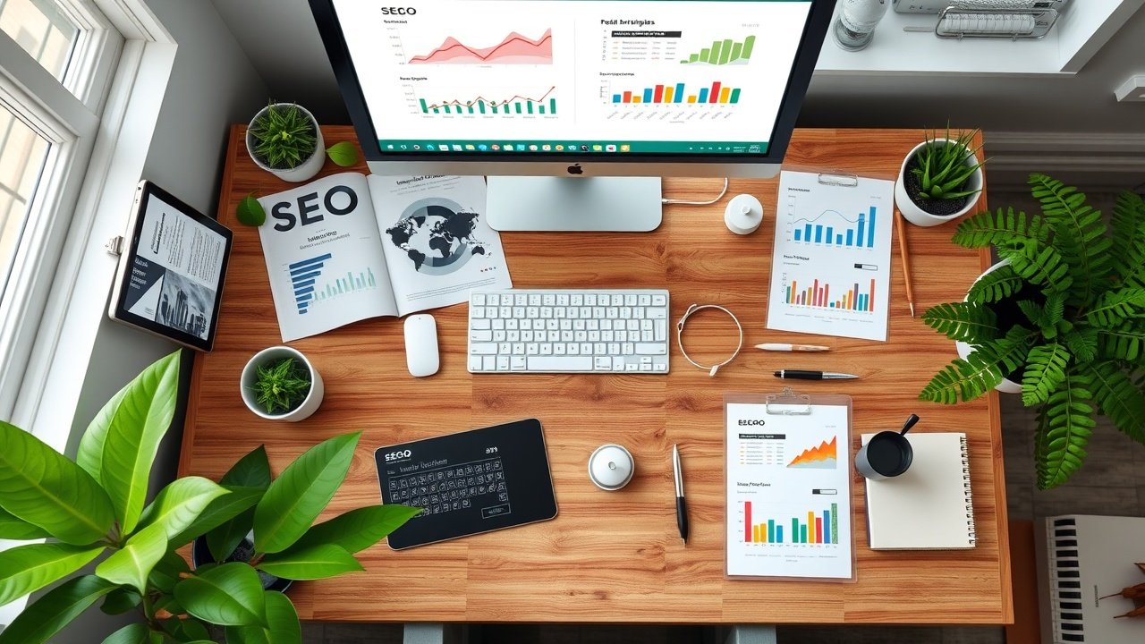 Overhead view of organized desk with SEO charts, image files open on screen, green plants, and natural daylight from window., No infographics and no text