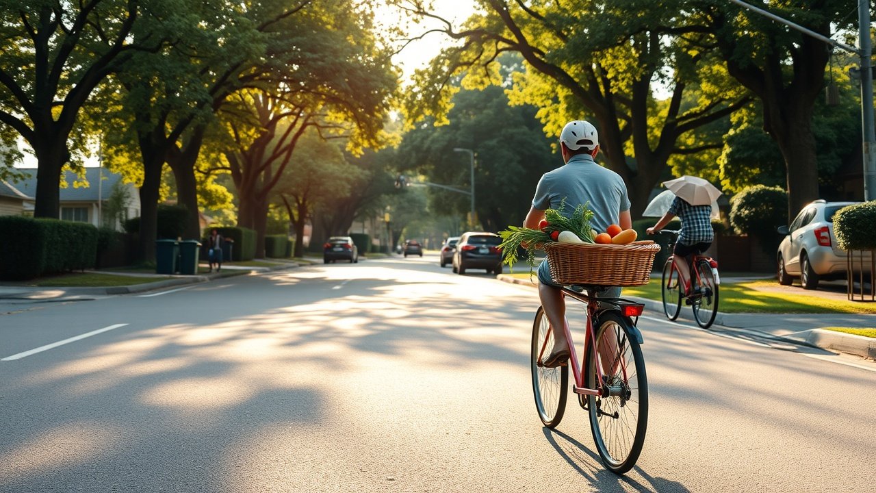 Person cycling on quiet tree-lined street, basket full of fresh vegetables from market, afternoon sun casting long shadows on pavement., No infographics and no text