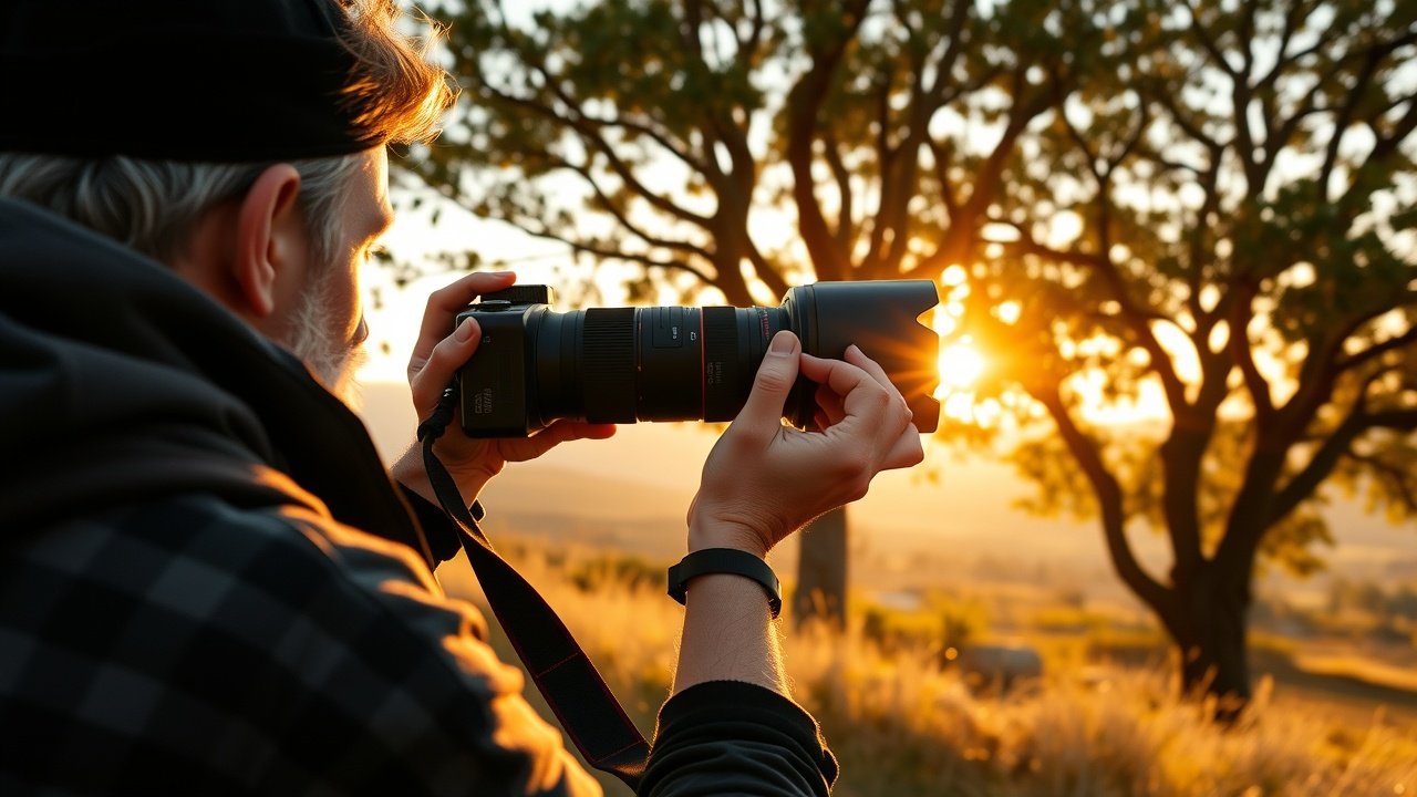 Photographer adjusting camera lens in a natural outdoor setting, capturing a scenic landscape with golden hour sunlight filtering through trees., No infographics and no text