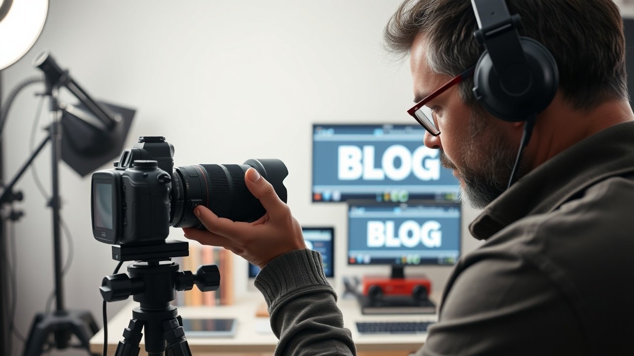 Photographer adjusting camera lens in studio, focused on blog-themed props like books and screens, diffused studio lighting., No infographics and no text