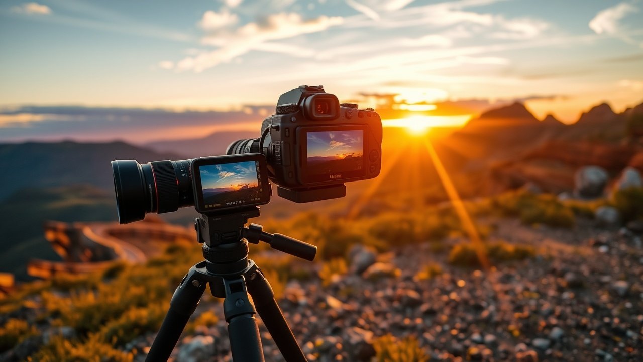 Photographer capturing a scenic landscape with camera on tripod at golden hour sunset, rugged terrain and vibrant colors, emphasizing visual storytelling for content., No infographics and no text