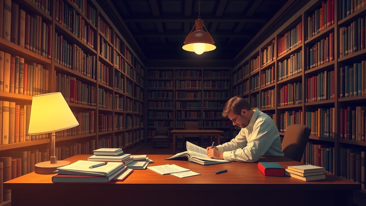 Quiet library interior with rows of bookshelves, a scholar at a desk under soft lamp light, surrounded by scattered notes and an open notebook., No infographics and no text