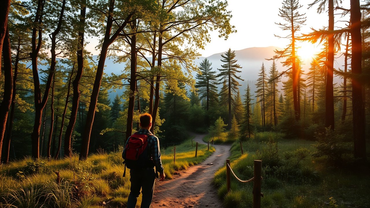 Serene forest trail at dawn with hiker in backpack gazing at misty mountains, sunlight filtering through leaves, dewy path leading into wilderness., No infographics and no text