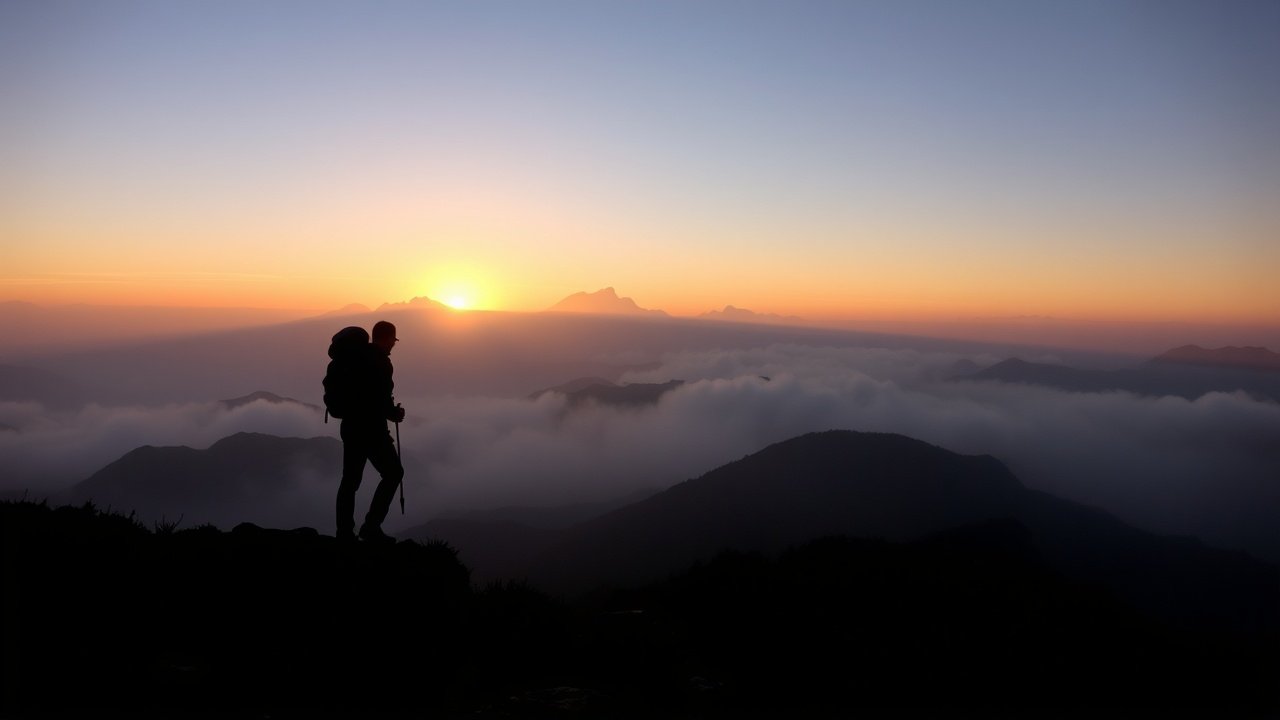 Serene mountain landscape at dawn with a lone hiker silhouetted against misty peaks, backpack ready, golden sunlight filtering through fog., No infographics and no text