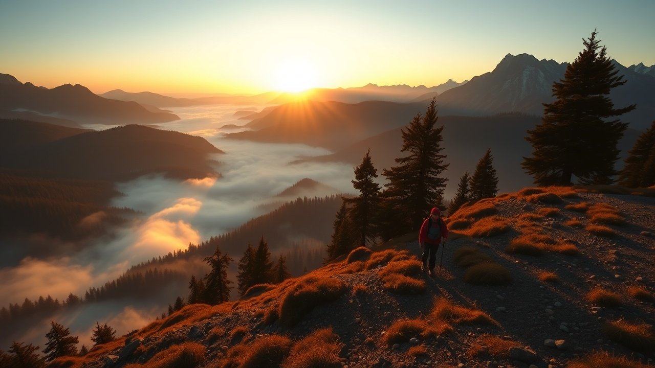 Serene mountain landscape at sunrise, misty valleys below with a lone hiker on a trail, golden light piercing through pine trees., No infographics and no text
