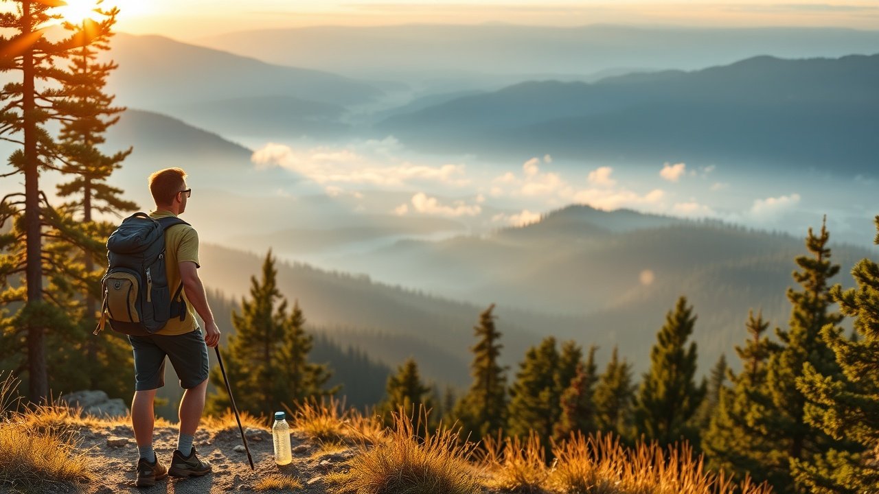 Serene mountain trail at sunrise, hiker in backpack pausing to view misty valleys below, golden light filtering through pine trees, backpack and water bottle visible., No infographics and no text
