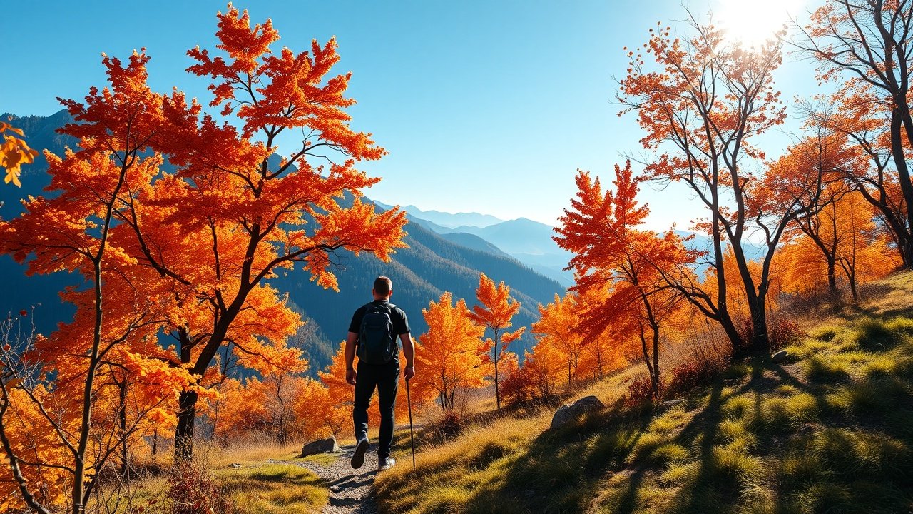 Serene mountain trail during autumn, hiker pausing to view fiery orange foliage, clear blue sky, crisp sunlight filtering through branches., No infographics and no text