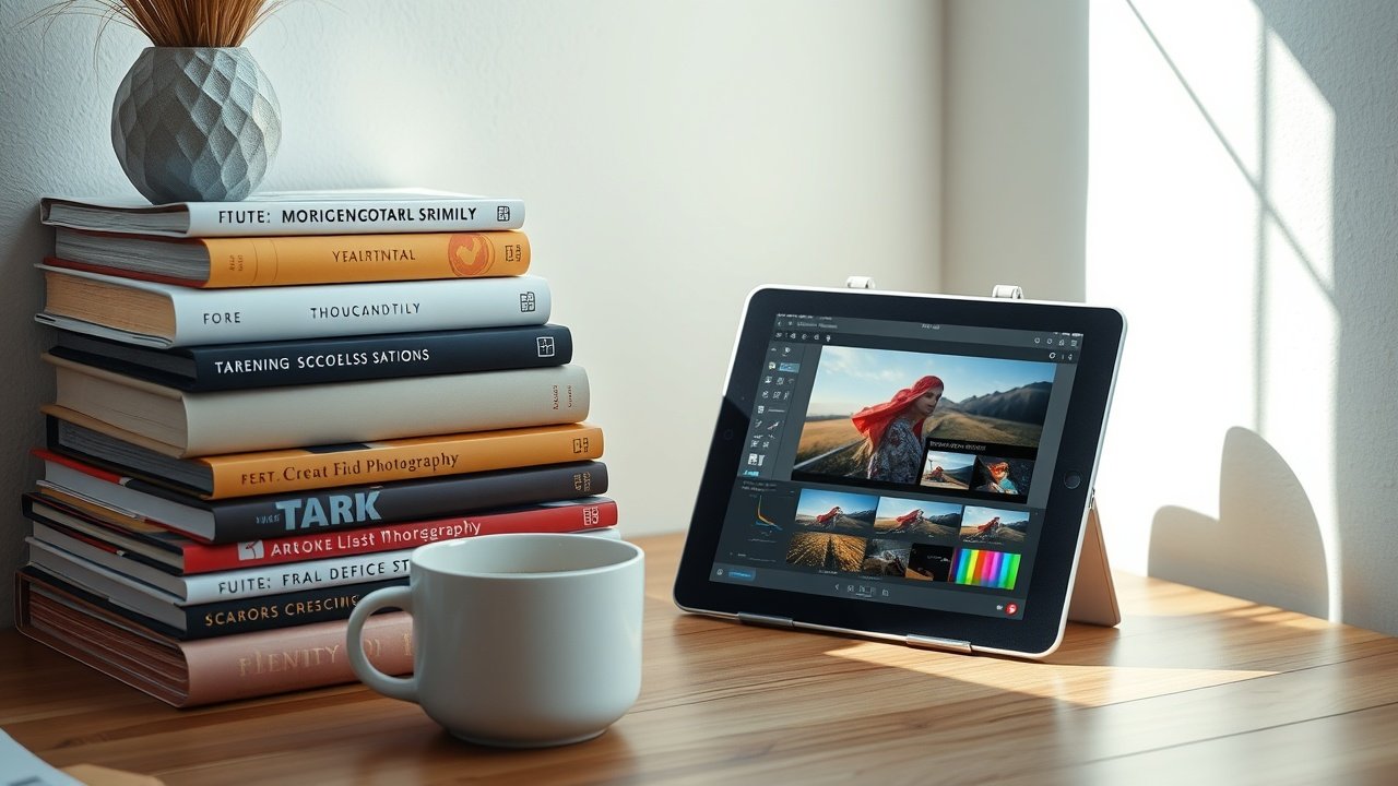Stack of photography books and image editing software open on tablet beside coffee cup, natural daylight illuminating creative workspace corner., No infographics and no text