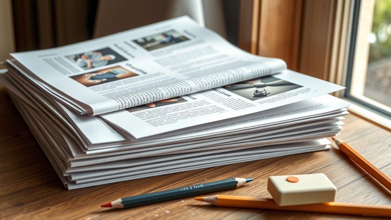 Stack of printed blog pages with inserted photographs, scattered pencils and eraser on table, natural daylight from nearby window illuminating details., No infographics and no text