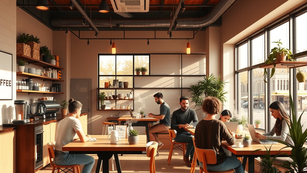 Sunlit coffee shop interior with barista pouring latte art, customers chatting over laptops, steam rising from fresh brews, warm wooden tables and plants., No infographics and no text