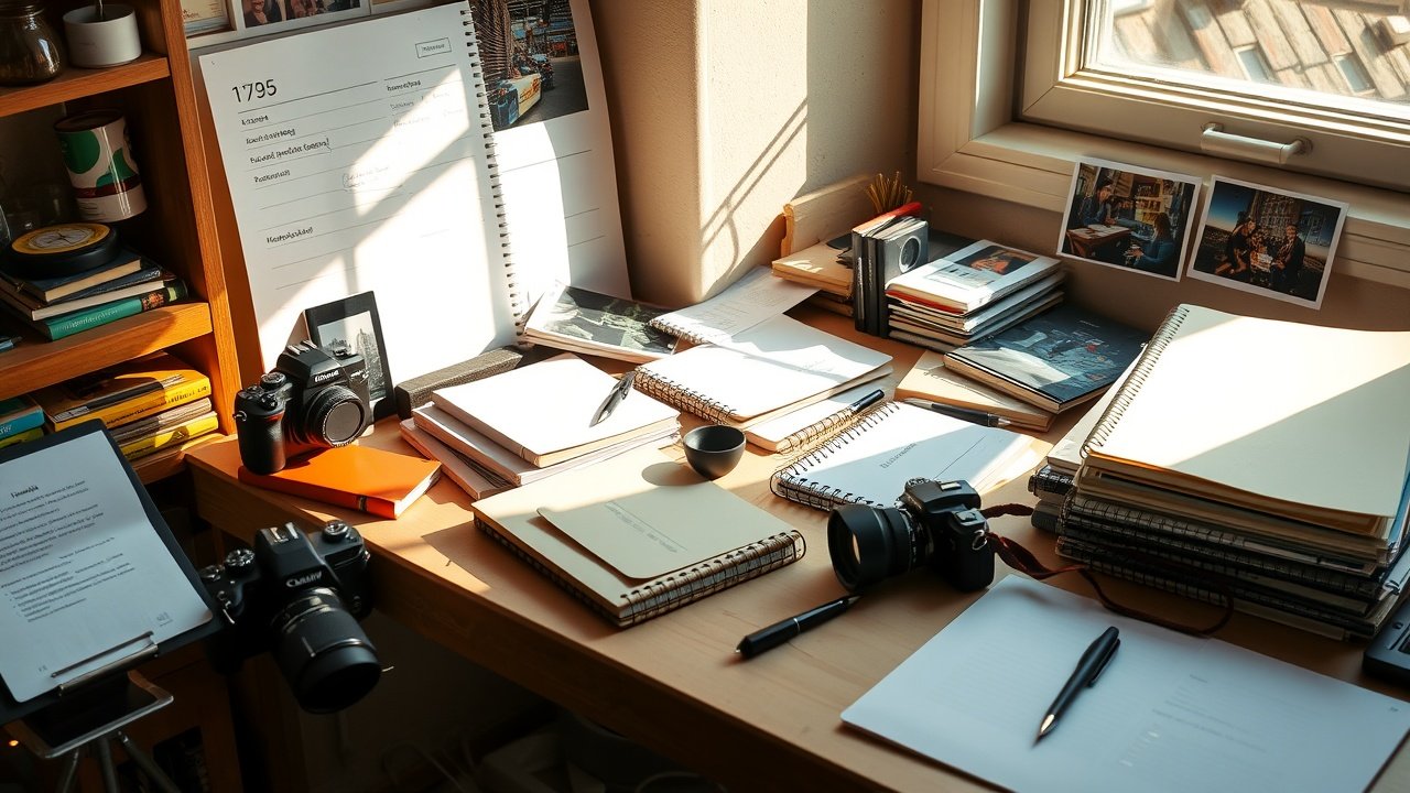 Sunlit desk cluttered with cameras, notebooks, and vibrant photographs under warm window light, evoking creative visual planning., No infographics and no text
