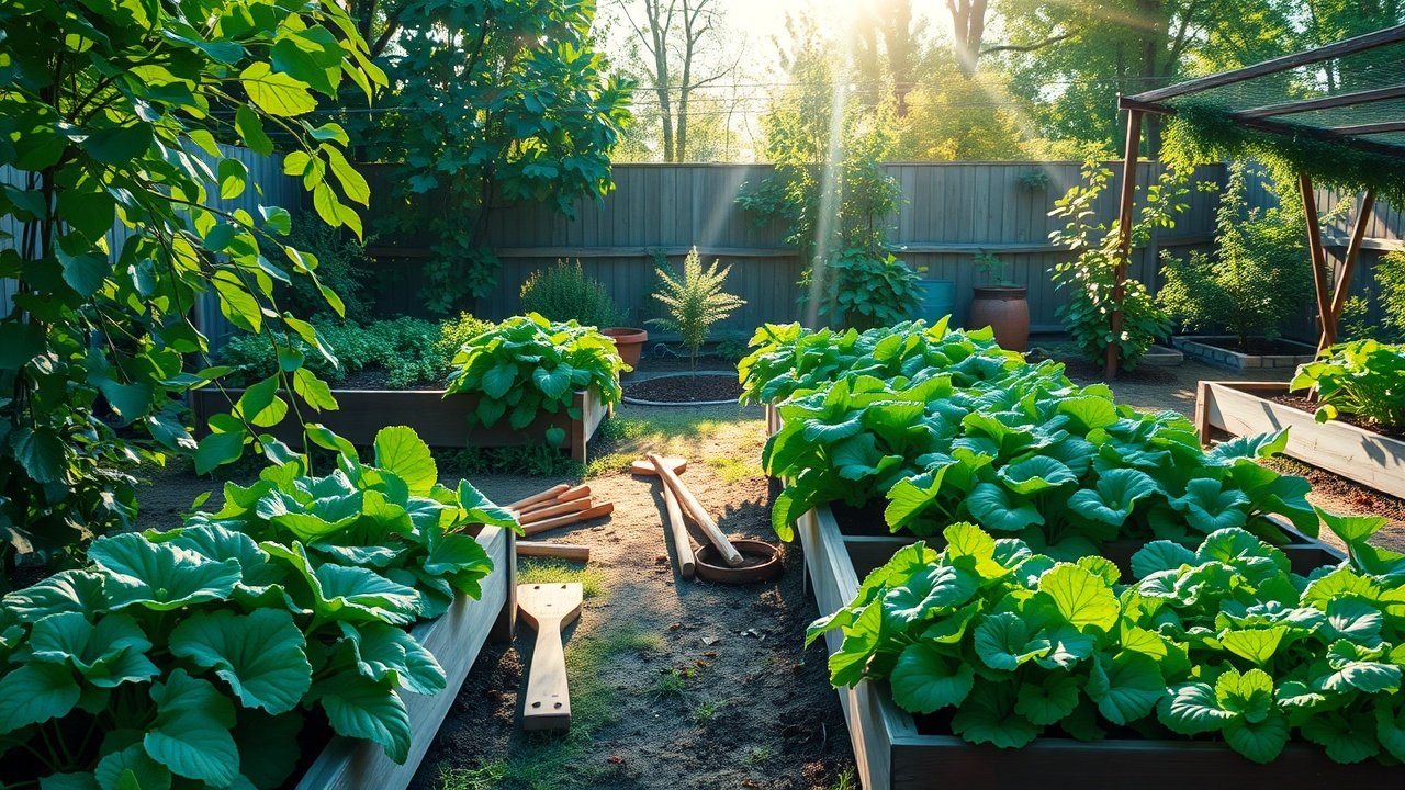 Sunlit green garden with fresh vegetables growing in raised beds, wooden tools scattered, soft morning light filtering through leaves, serene backyard setting., No infographics and no text