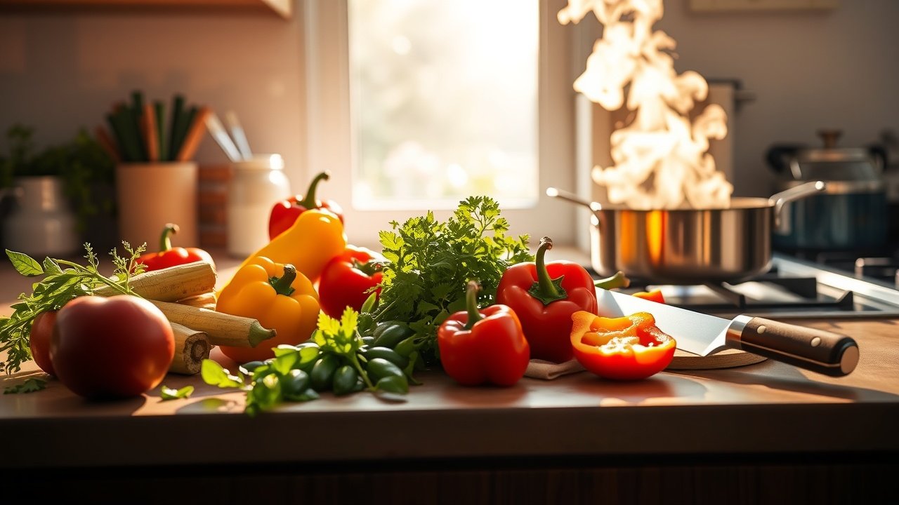 Sunlit kitchen counter with fresh vegetables, herbs, and a chef's knife slicing colorful peppers, steam rising from a nearby pot on a gas stove., No infographics and no text