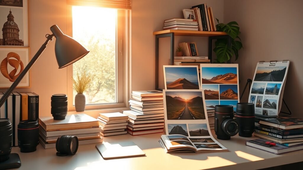 Sunlit modern office desk cluttered with photography books, camera lenses, and vibrant printed blog images under warm golden hour glow., No infographics and no text