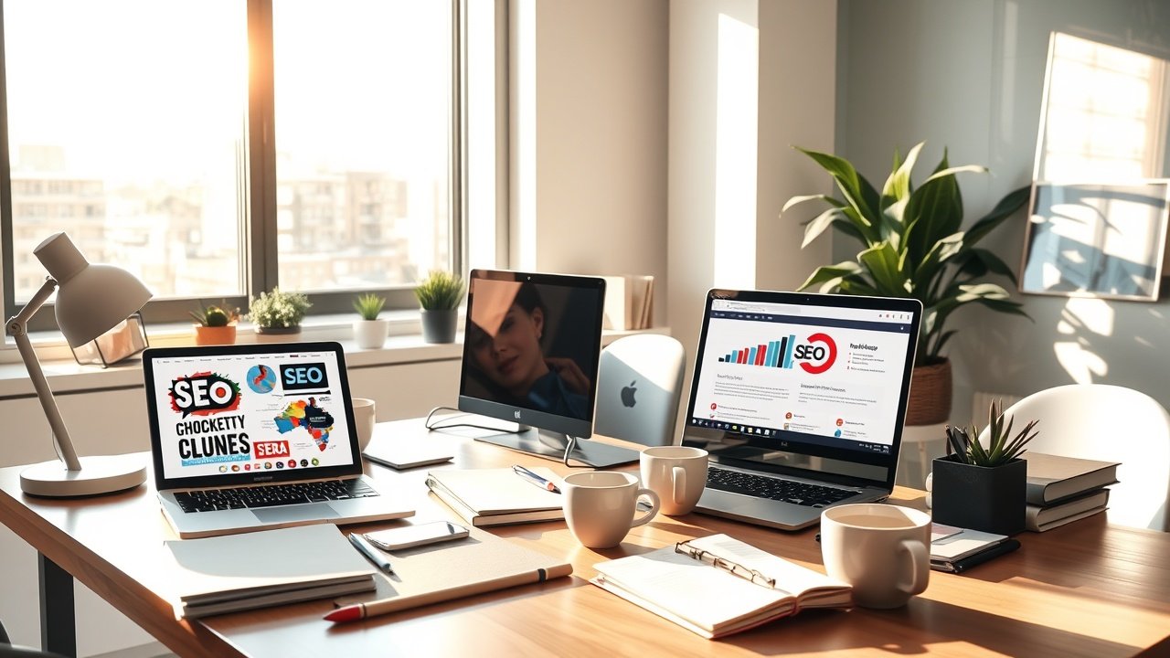 Sunlit modern office desk cluttered with laptops showing blog images, SEO charts, coffee cups, and notebooks under warm window light., No infographics and no text