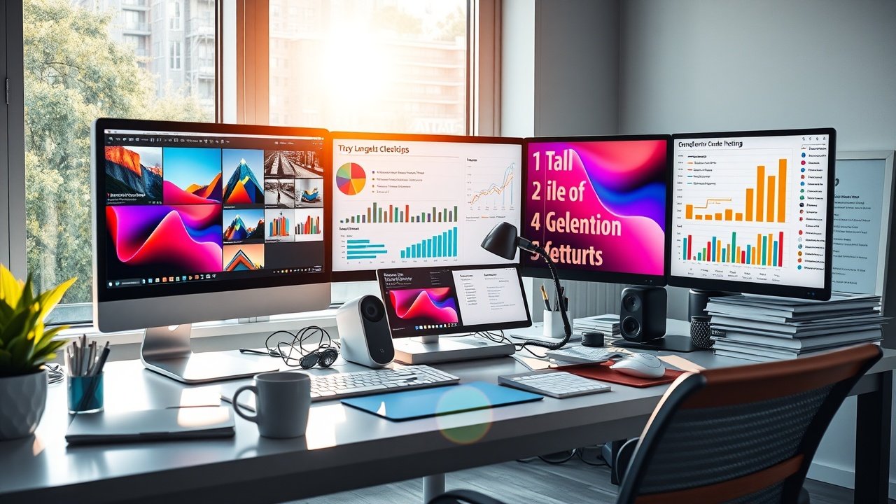 Sunlit modern office desk cluttered with computer screens displaying vibrant product photos, colorful charts, and keyword lists, coffee mug nearby, dynamic morning light., No infographics and no text