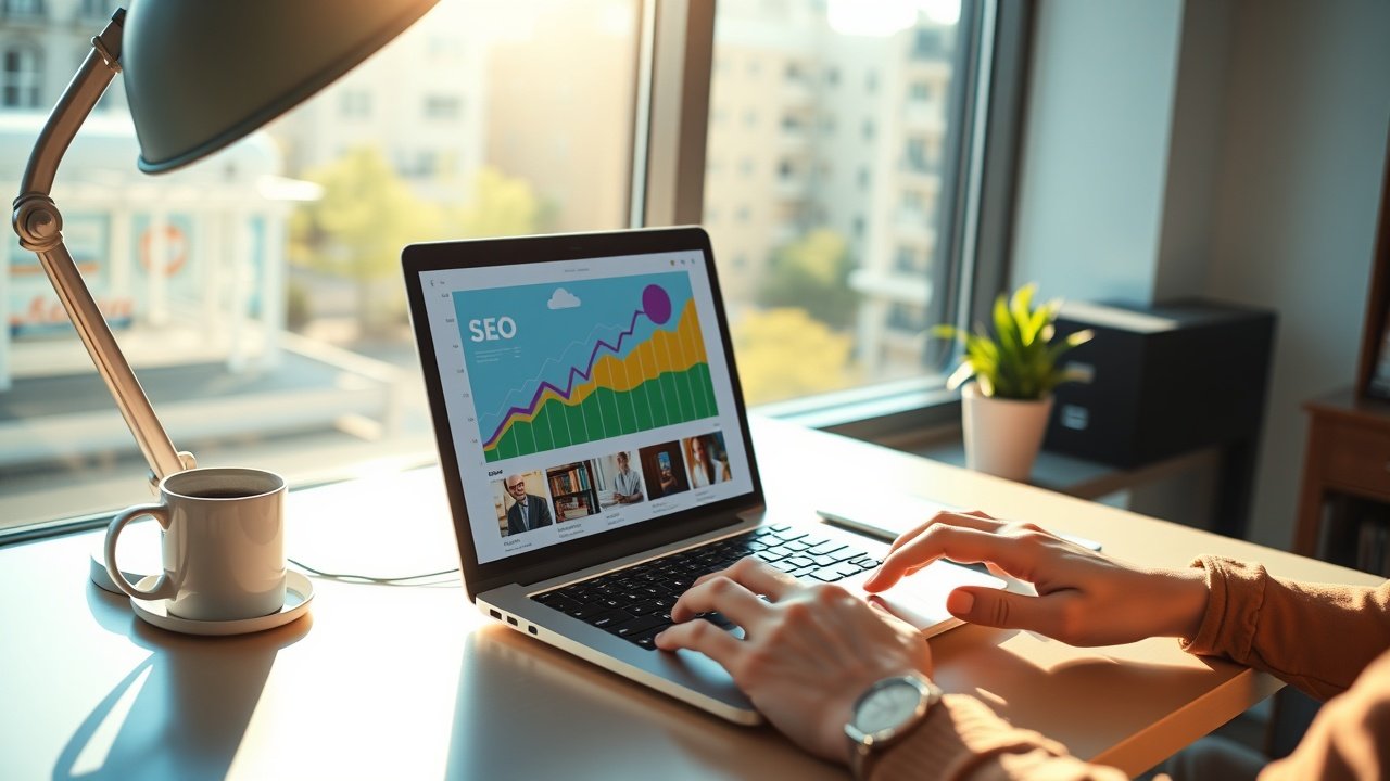 Sunlit modern office desk with laptop displaying vibrant blog images, rising SEO graphs on screen, coffee mug nearby, focused hands typing, warm afternoon light filtering through window., No infographics and no text