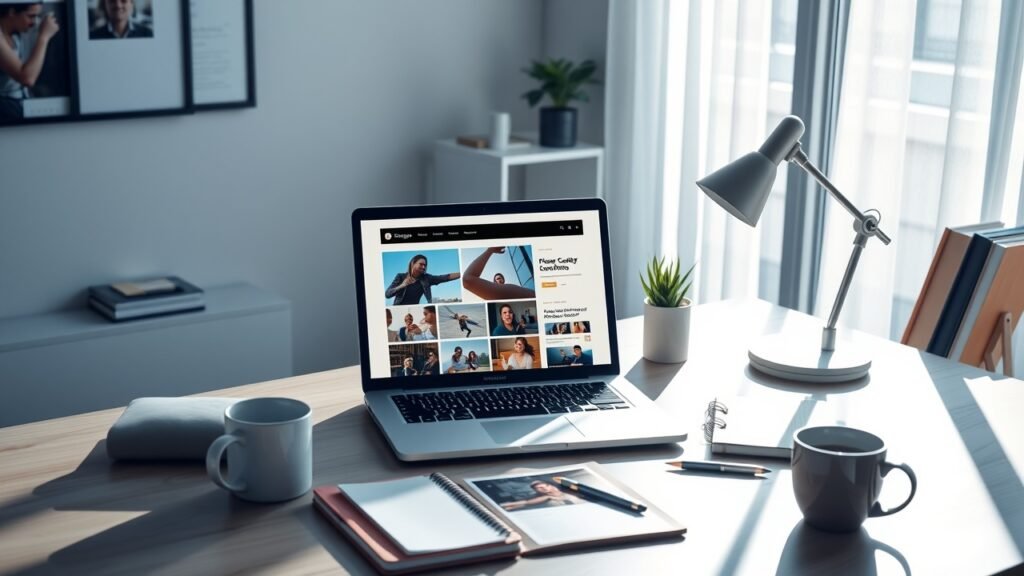 Sunlit modern office desk with open laptop displaying a vibrant blog interface, scattered high-quality photographs, coffee mug, and notebook, evoking creative content creation., No infographics and no text