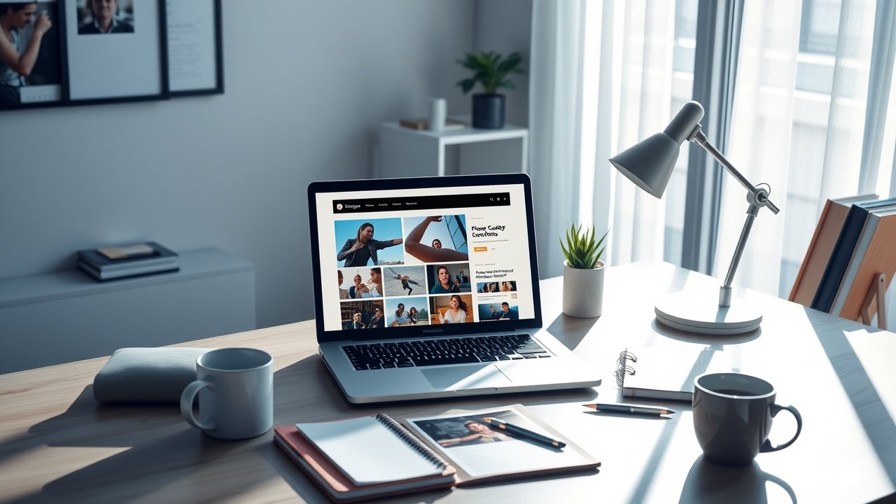 Sunlit modern office desk with open laptop displaying a vibrant blog interface, scattered high-quality photographs, coffee mug, and notebook, evoking creative content creation., No infographics and no text
