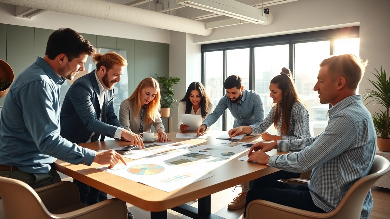 Sunlit modern office with diverse team members collaborating around a large table, pointing at printed images and charts, natural light from floor-to-ceiling windows highlighting focused expressions., No infographics and no text