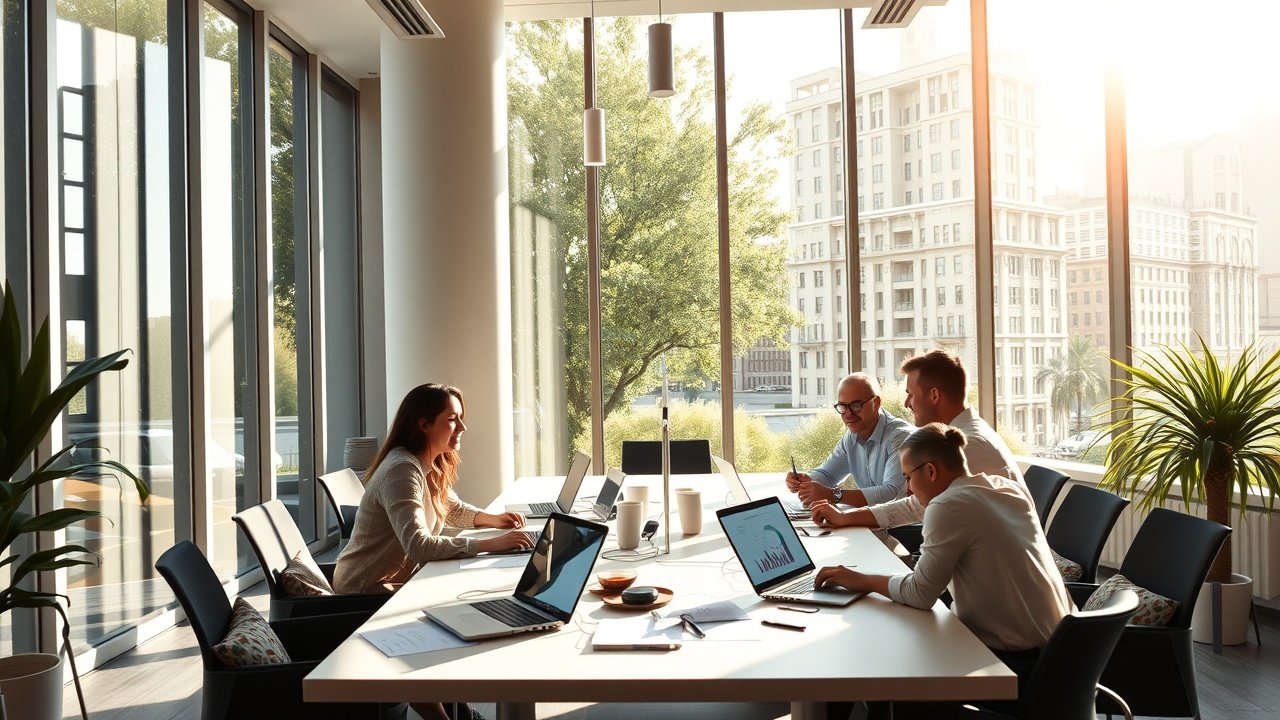 Sunlit modern office with large windows, team members collaborating around a conference table with laptops and charts, natural daylight streaming in., No infographics and no text