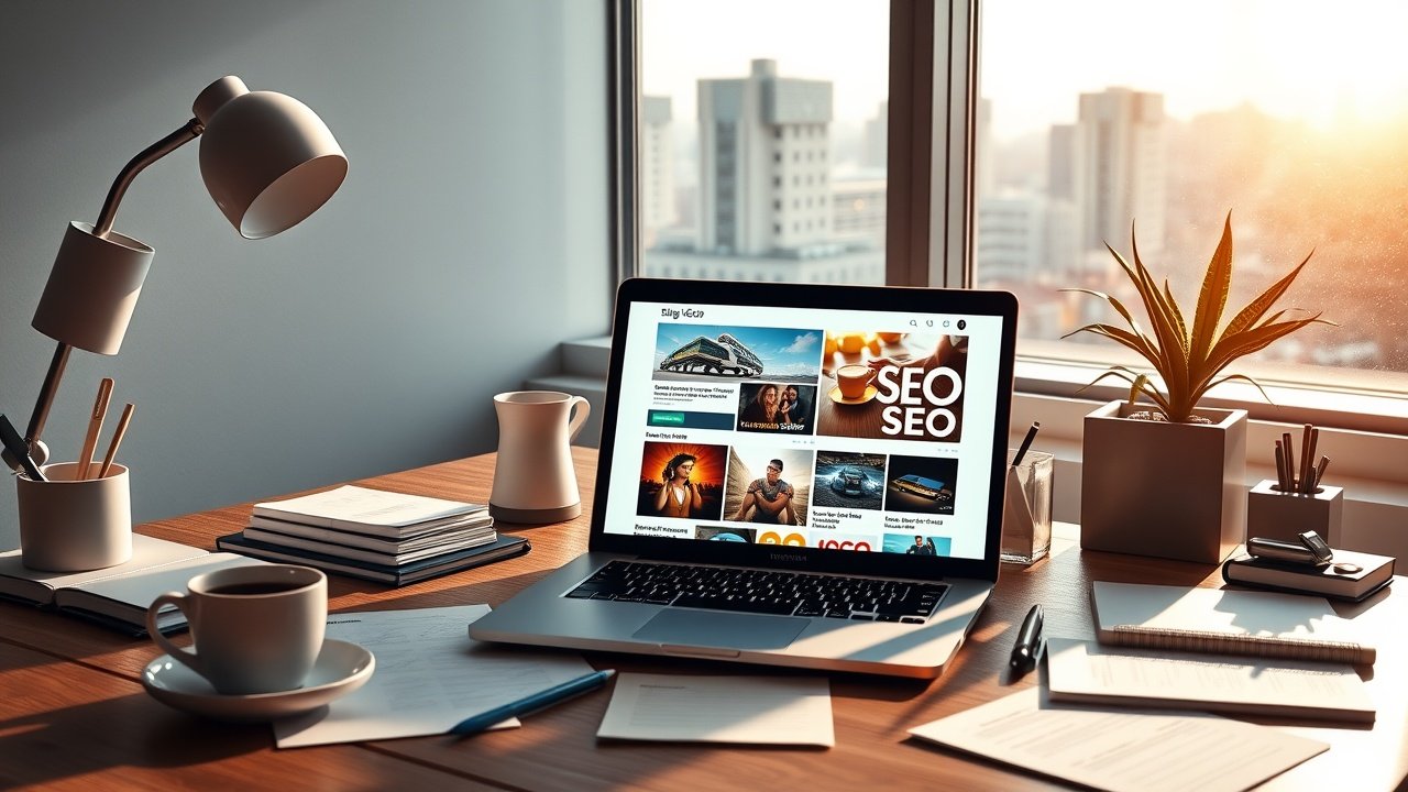 Sunlit modern workspace with open laptop showing vibrant blog images, scattered SEO notes, fresh coffee, and city view window., No infographics and no text